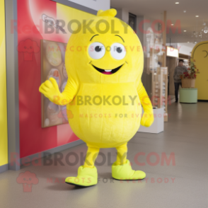 Lemon Yellow Raspberry mascot costume character dressed with a Leggings and Foot pads