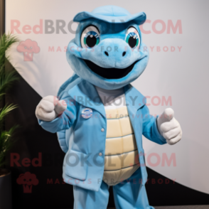 Sky Blue Turtle mascot costume character dressed with a Overalls and Lapel pins