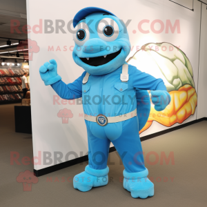 Sky Blue Turtle mascot costume character dressed with a Overalls and Lapel pins