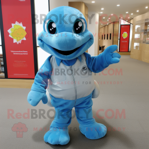 Sky Blue Turtle mascot costume character dressed with a Overalls and Lapel pins