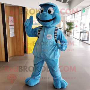 Sky Blue Turtle mascot costume character dressed with a Overalls and Lapel pins