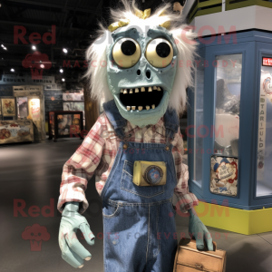 Cream Zombie mascot costume character dressed with a Chambray Shirt and Coin purses