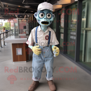 Cream Zombie mascot costume character dressed with a Chambray Shirt and Coin purses