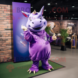 Purple Rhinoceros mascot costume character dressed with a V-Neck Tee and Anklets
