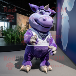 Purple Rhinoceros mascot costume character dressed with a V-Neck Tee and Anklets