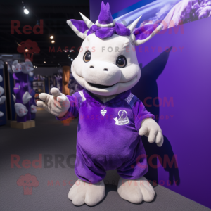 Purple Rhinoceros mascot costume character dressed with a V-Neck Tee and Anklets