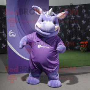 Purple Rhinoceros mascot costume character dressed with a V-Neck Tee and Anklets