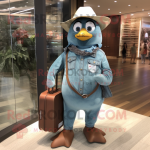 Teal Penguin mascot costume character dressed with a Chambray Shirt and Briefcases