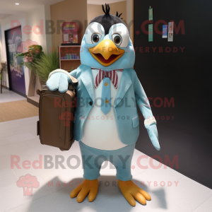 Teal Penguin mascot costume character dressed with a Chambray Shirt and Briefcases