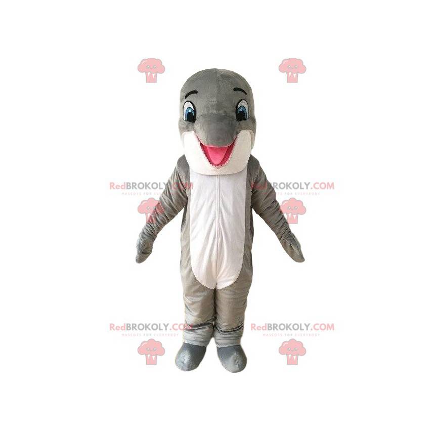 Mascotte de dauphin gris et blanc, costume de la mer -