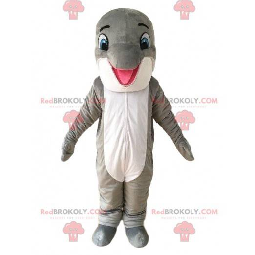 Mascotte de dauphin gris et blanc, costume de la mer -