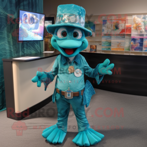 Teal Mermaid mascot costume character dressed with a Henley Shirt and Hat pins