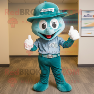 Teal Mermaid mascot costume character dressed with a Henley Shirt and Hat pins