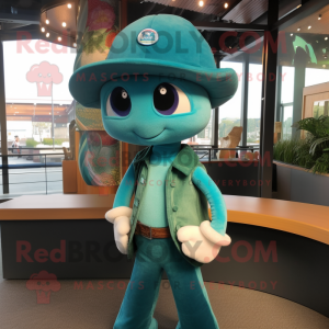 Teal Mermaid mascot costume character dressed with a Henley Shirt and Hat pins