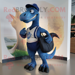 Navy Parasaurolophus mascot costume character dressed with a Tank Top and Messenger bags