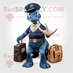 Navy Parasaurolophus mascot costume character dressed with a Tank Top and Messenger bags