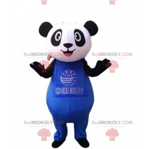 Black and white panda mascot in blue outfit, bear costume -