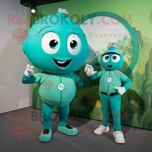 Teal Green Bean mascot costume character dressed with a Romper and Smartwatches