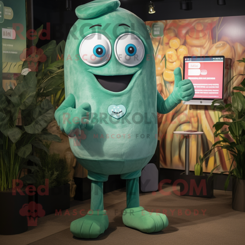 Teal Green Bean mascot costume character dressed with a Romper and Smartwatches