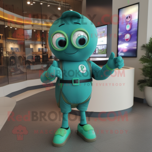 Teal Green Bean mascot costume character dressed with a Romper and Smartwatches