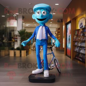 Cyan Unicyclist mascot costume character dressed with a Skinny Jeans and Tie pins