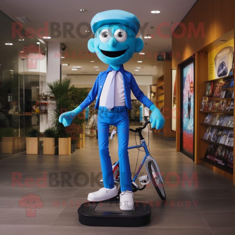 Cyan Unicyclist mascot costume character dressed with a Skinny Jeans and Tie pins