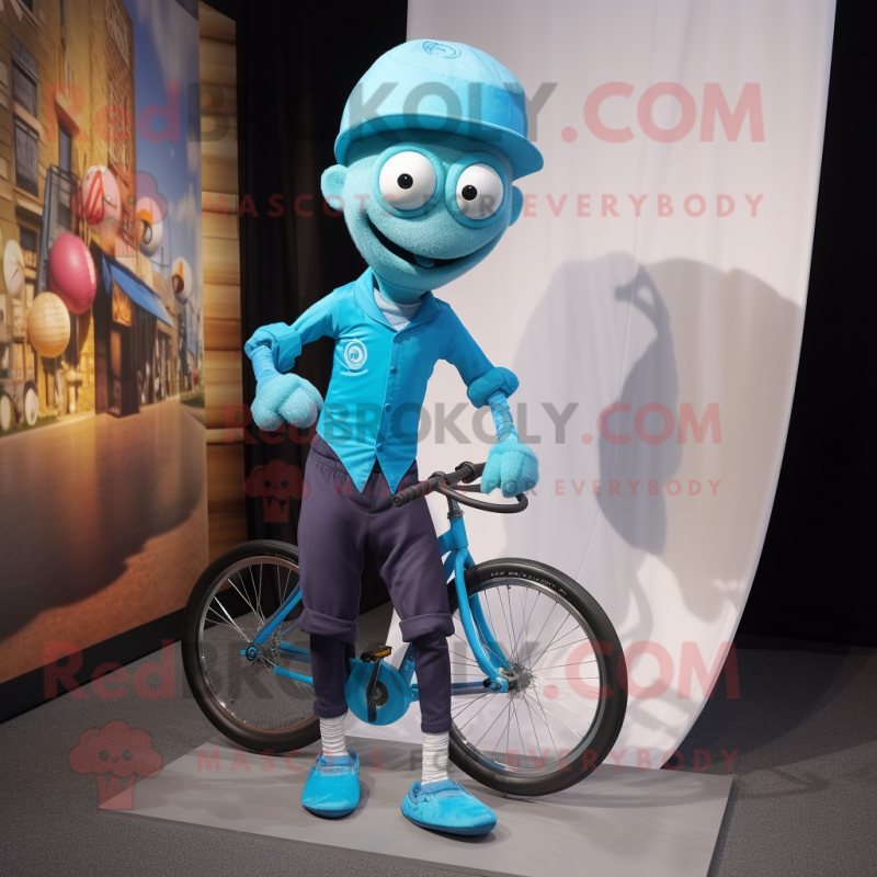 Cyan Unicyclist mascot costume character dressed with a Skinny Jeans and Tie pins