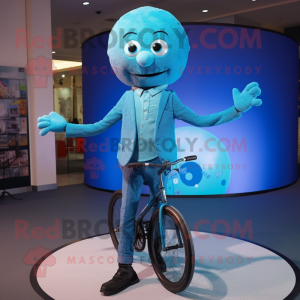 Cyan Unicyclist mascot costume character dressed with a Skinny Jeans and Tie pins