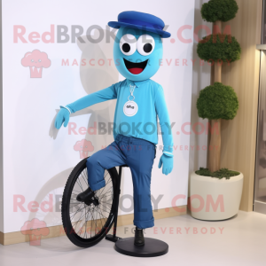 Cyan Unicyclist mascot costume character dressed with a Skinny Jeans and Tie pins
