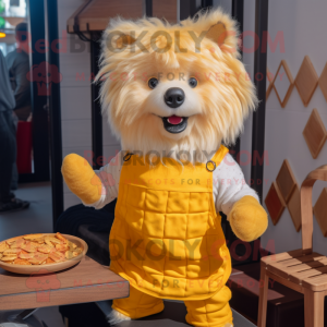 Yellow Shepard'S Pie mascot costume character dressed with a Dungarees and Hairpins