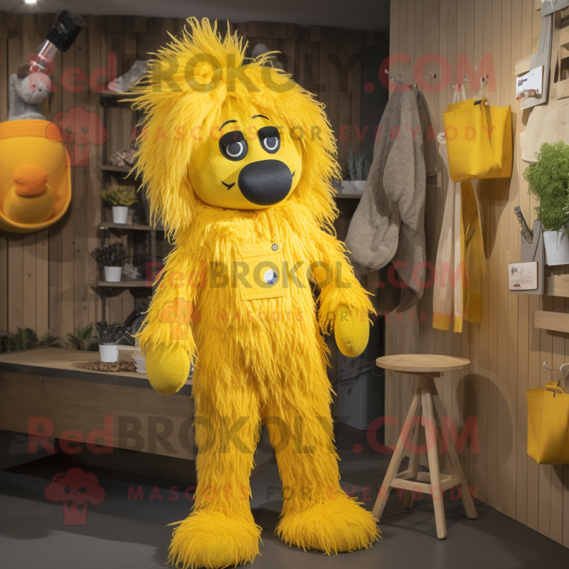 Yellow Shepard'S Pie mascot costume character dressed with a Dungarees and Hairpins