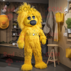 Yellow Shepard'S Pie mascot costume character dressed with a Dungarees and Hairpins