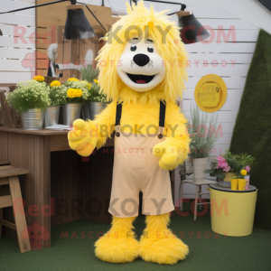 Yellow Shepard'S Pie mascot costume character dressed with a Dungarees and Hairpins