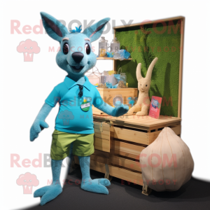 Cyan Kangaroo mascot costume character dressed with a Cargo Shorts and Hair clips