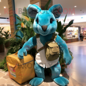 Cyan Kangaroo mascot costume character dressed with a Cargo Shorts and Hair clips