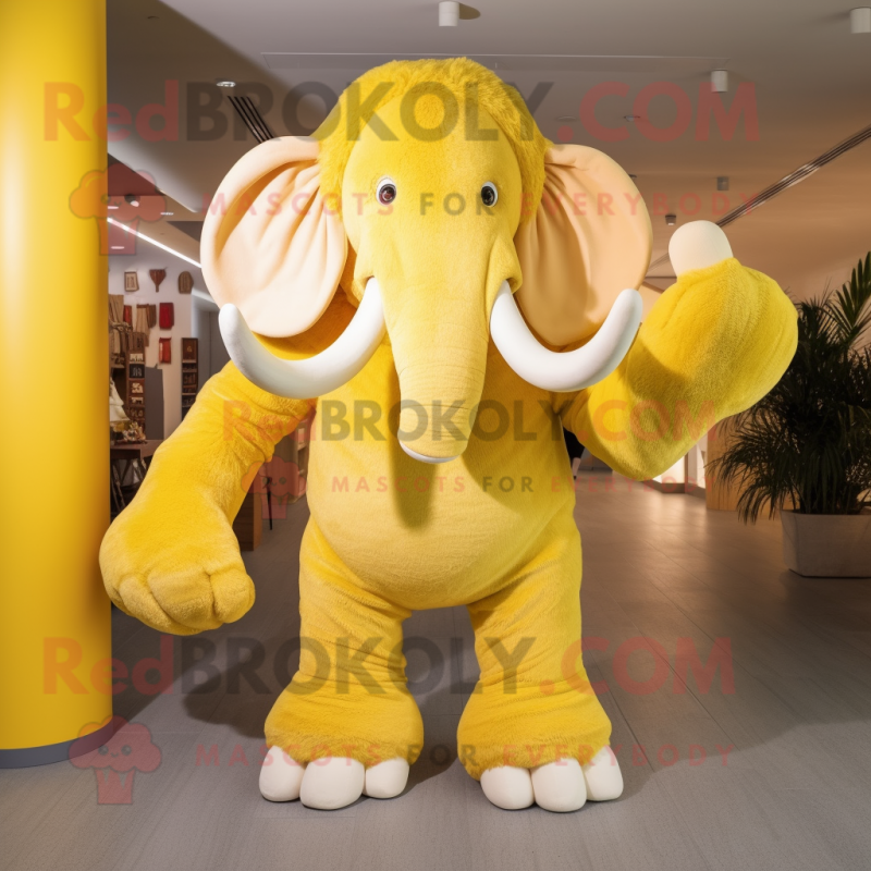 Lemon Yellow Mammoth mascot costume character dressed with a Bootcut Jeans and Clutch bags