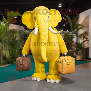 Lemon Yellow Mammoth mascot costume character dressed with a Bootcut Jeans and Clutch bags