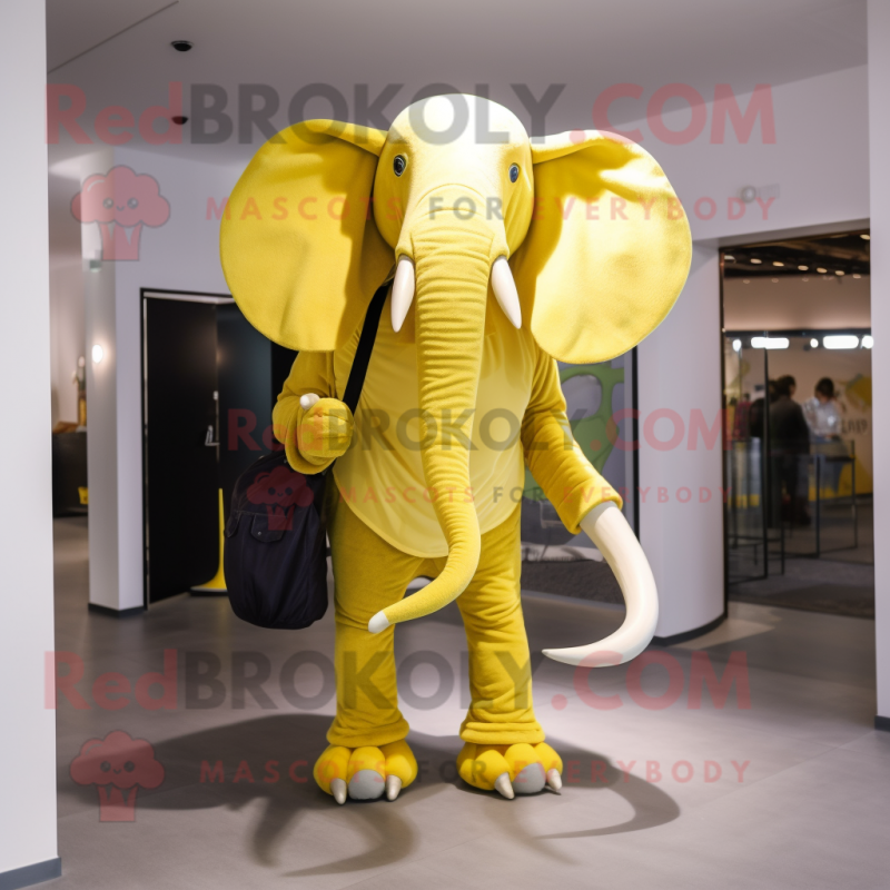 Lemon Yellow Mammoth mascot costume character dressed with a Bootcut Jeans and Clutch bags