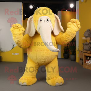 Lemon Yellow Mammoth mascot costume character dressed with a Bootcut Jeans and Clutch bags