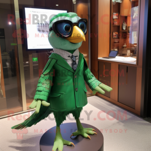 Green Falcon mascot costume character dressed with a Pencil Skirt and Eyeglasses