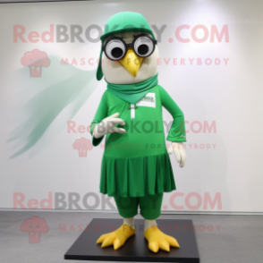 Green Falcon mascot costume character dressed with a Pencil Skirt and Eyeglasses