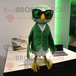 Green Falcon mascot costume character dressed with a Pencil Skirt and Eyeglasses