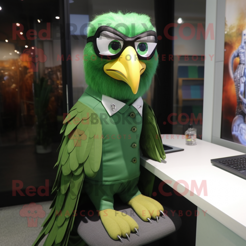 Green Falcon mascot costume character dressed with a Pencil Skirt and Eyeglasses