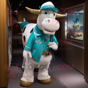 Turquoise Hereford Cow mascot costume character dressed with a Cargo Pants and Bracelets