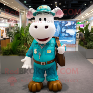 Turquoise Hereford Cow mascot costume character dressed with a Cargo Pants and Bracelets