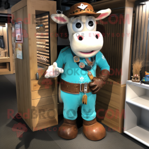 Turquoise Hereford Cow mascot costume character dressed with a Cargo Pants and Bracelets