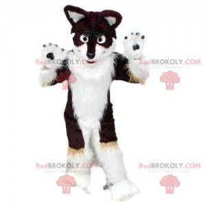 Husky hond mascotte, zwart en wit, harige vos kostuum -