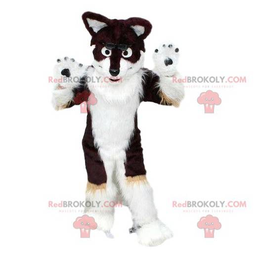 Mascote de cachorro Husky, preto e branco, fantasia de raposa