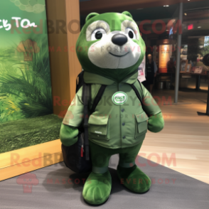 Forest Green Seal mascot costume character dressed with a Suit and Backpacks