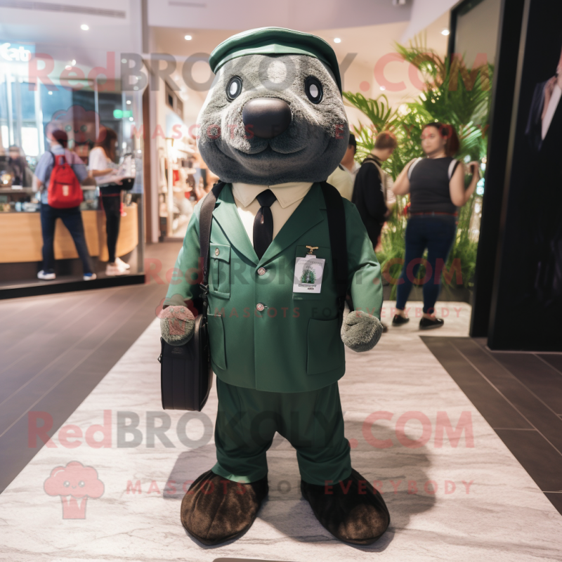 Forest Green Seal mascot costume character dressed with a Suit and Backpacks